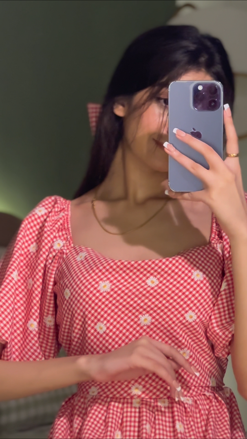 Check Print Floral Bow Frock ✨🌺